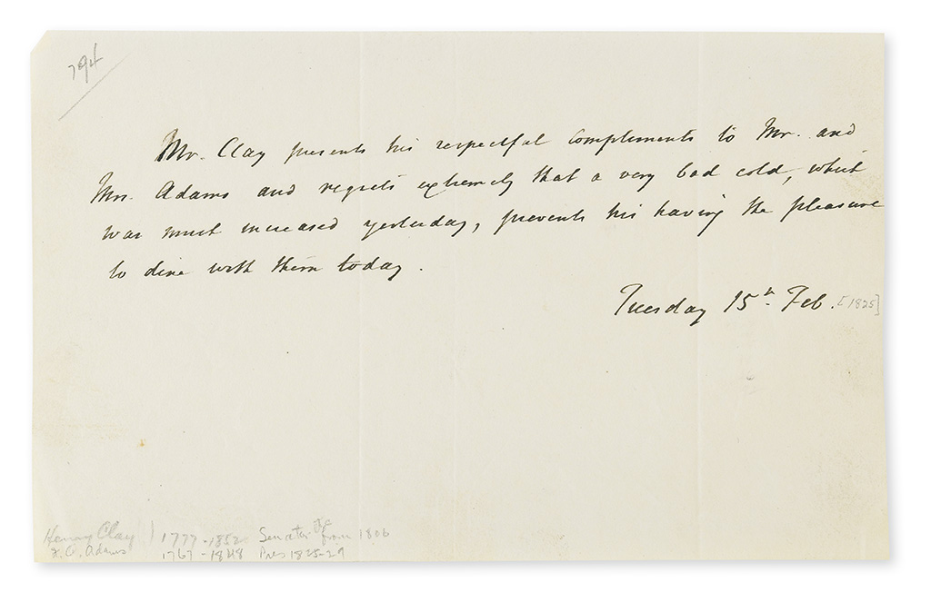 CLAY, HENRY. Autograph Note Signed, in the third person within the text, to President-Elect John Quincy Adams (The Honble J.Q. Adams